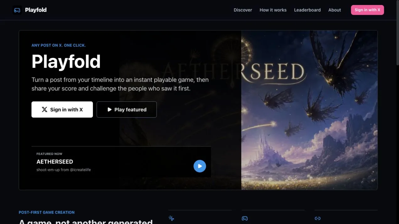 Playfold’s public arcade showing a featured playable world.